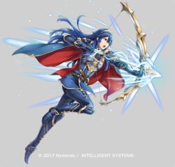  armor arrow_(projectile) blue_eyes blue_hair bow_(weapon) cape commentary_request female fire_emblem fire_emblem_awakening fire_emblem_heroes gloves long_hair lucina_(fire_emblem) lucina_(glorious_archer)_(fire_emblem) official_art open_mouth simple_background solo tiara weapon yamada_koutarou 