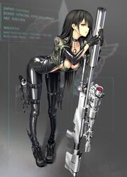  anti-materiel_rifle ass bent_over bikini bikini_top_only black_gloves black_hair bodysuit bolt_action collarbone commentary_request dog_tags female gloves gun h&amp;k_usp handgun heckler_&amp;_koch ideura_aki kawanakajima leather_suit leg_holster long_hair mcmillan_tac-50 navel red_eyes rick_g_earth rifle shiny_clothes sniper_rifle swimsuit thigh_strap unzipped weapon 