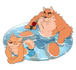  2017 abs anthro biceps big_muscles canid canine canis chest_tuft clothed clothing countershading domestic_dog duo fur hi_res looking_at_butt male mammal muscular muscular_male otake pecs smile summer swimwear takemoto takemoto_arashi tan_body tan_fur topless tuft water wet 