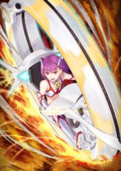  bare_shoulders boots commentary_request detached_sleeves fate/grand_order fate_(series) female fire hair_ornament helena_blavatsky_(fate) helena_blavatsky_(swimsuit_archer)_(fate) helena_blavatsky_(swimsuit_archer)_(second_ascension)_(fate) highres midriff monowheel open_mouth purple_eyes purple_hair signature solo yanagi_ryuuta 