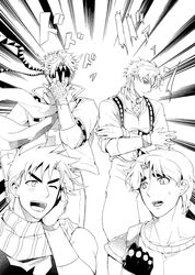  4boys bad_id bad_pixiv_id battle_tendency caesar_anthonio_zeppeli clenched_hand commentary_request dio_brando ene0 facial_mark fingerless_gloves gloves greyscale headband jojo_no_kimyou_na_bouken jojo_pose jonathan_joestar jonathan_joestar&#039;s_pose_(jojo) joseph_joestar joseph_joestar_(young) male_focus monochrome multiple_boys one_eye_closed open_mouth phantom_blood pose scarf smile striped_clothes striped_scarf sweatdrop winged_hair_ornament 