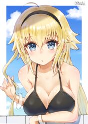  ahoge bare_shoulders bikini black_bikini black_hairband blonde_hair blue_eyes blue_sky blush breasts cleavage cloud collarbone commentary_request day fate/grand_order fate_(series) female fingernails hair_between_eyes hair_flaps hairband highres jeanne_d&#039;arc_(fate) jeanne_d&#039;arc_(swimsuit_archer)_(fate) jeanne_d&#039;arc_(swimsuit_archer)_(first_ascension)_(fate) large_breasts long_hair looking_at_viewer nayuhi_(yukimuu14) parted_lips signature sky solo swimsuit very_long_hair 