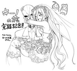  1boy 3girls ahoge ainz_ooal_gown albedo angry artist_request bare_shoulders blush bone breasts bridal_veil bride carrying cleavage closed_eyes couple dress evileye flower formal gloves jealous long_hair monochrome multiple_girls oerba_yun_fang overlord_(maruyama) ribbon shalltear_bloodfallen skeleton skirt tears undead wedding wedding_dress 