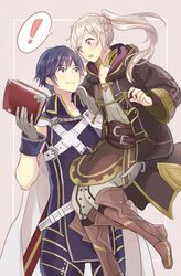  1boy armor blue_eyes blue_hair blush cape carrying chrom_(fire_emblem) commentary_request dinikee female fire_emblem fire_emblem_awakening gloves long_hair open_mouth robin_(female)_(fire_emblem) robin_(fire_emblem) short_hair smile twintails white_hair 