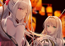  2girls absurdres ak-12_(girls&#039;_frontline) an-94_(girls&#039;_frontline) bare_shoulders blonde_hair braid breasts changpan_hutao commentary_request dress eating finger_to_mouth food french_braid girls&#039;_frontline grey_hair hair_ornament hairband hand_up highres holding long_hair looking_at_viewer looking_back m4a1_(girls&#039;_frontline) medium_breasts multicolored_hair multiple_girls one_eye_closed purple_eyes ribbon shushing sidelocks smile st_ar-15_(girls&#039;_frontline) streaked_hair stuffed_toy very_long_hair 