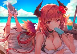  beach bikini blush breasts choker cleavage cloud commentary_request dark_angel_olivia day drinking_straw female flower food granblue_fantasy hair_flower hair_ornament hibiscus high_heels highres holding horizon horns long_hair looking_at_viewer lying medium_breasts moriki ocean olivia_(summer)_(granblue_fantasy) on_stomach orange_hair outdoors popsicle red_eyes sandals shingeki_no_bahamut sky solo swimsuit the_pose wings 