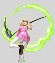  bare_shoulders blonde_hair breasts commentary curvy diepod dress eyebrows eyeliner female grey_background hairband highres large_breasts long_hair makeup mandy mary_janes no_bra older over_shoulder pantyhose pink_dress scythe shoes solo strapless strapless_dress the_grim_adventures_of_billy_&amp;_mandy thick_eyebrows weapon weapon_over_shoulder white_legwear 