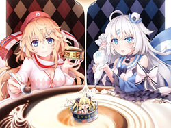  &gt;_&lt; 3girls albacore_(warship_girls_r) argyle_background artist_name baking bare_shoulders blonde_hair blue_eyes blush breasts can cleavage closed_eyes coffee commentary_request cream detached_sleeves england english_flag eyelashes fishing_rod food food_on_face frilled_sleeves frills hair_ornament hairclip hat kent_(warship_girls_r) large_breasts london_(warship_girls_r) long_hair looking_at_viewer mini_person minigirl mtyy multiple_girls photoshop_(medium) praying scarf spoon twintails union_jack united_kingdom very_long_hair warship_girls_r white_hair wide_sleeves 