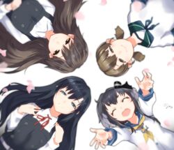  4girls ajino_(sakanahen) anchor_symbol arashio_(kancolle) arashio_kai_ni_(kancolle) arms_up asashio_(kancolle) asashio_kai_ni_(kancolle) black_hair blouse blue_eyes blue_sailor_collar breasts brown_eyes brown_hair cherry_blossoms closed_eyes collared_shirt commentary_request dress frilled_dress frills gradient_hair grey_hair hair_between_eyes hairband hat headgear kantai_collection long_hair long_sleeves looking_at_viewer low_twintails lying mini_hat multicolored_hair multiple_girls neck_ribbon neckerchief open_mouth petals pinafore_dress red_ribbon ribbon sailor_collar school_uniform serafuku shirayuki_(kancolle) shirt short_hair_with_long_locks short_sleeves short_twintails sidelocks sleeveless sleeveless_dress small_breasts smile tokitsukaze_(kancolle) twintails upper_body white_shirt yellow_eyes 