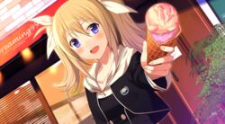  :d arimura_hinae blonde_hair blue_eyes chaos;child collarbone commentary_request dutch_angle female food hair_between_eyes hair_ribbon holding holding_food ice_cream long_hair oerba_yun_fang open_mouth outdoors outstretched_arm ribbon sahuyaiya smile solo twintails white_ribbon 