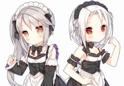  2girls apron blush bow brown_hair commentary_request detached_collar detached_sleeves frills grey_hair long_hair looking_at_viewer maid maid_apron maid_headdress multiple_girls ning_hai_(warship_girls_r) red_eyes short_hair side_ponytail smile tengxiang_lingnai vittorio_veneto_(warship_girls_r) warship_girls_r white_hair 