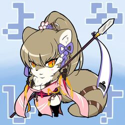  1:1 anthro asahina_yasuyoshi blue_background blush breasts chibi cleavage clothed clothing female fur hair japanese_text legwear mammal melee_weapon muramasa:_princess_commander neck_tuft orange_eyes pe_3 polearm ponytail silicon_studio simple_background solo spear stockings text tuft weapon 