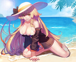  arm_support arm_under_breasts bare_shoulders barefoot beach bikini blue_sky blush breast_hold breasts brown_hair character_name cleavage cloud collarbone commentary day female girls&#039;_frontline hat highres jacket kneeling large_breasts leaning_forward long_hair looking_at_viewer m37_(girls&#039;_frontline) m37_(summer_parader)_(girls&#039;_frontline) ocean official_alternate_costume open_clothes open_jacket orange_eyes outdoors parted_lips photoshop_(medium) sand sidelocks skindentation sky smile solo sun_hat sunlight swimsuit thighs tunamayo_(dsasd751) very_long_hair white_bikini 