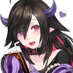  :d ahoge belt_buckle belt_collar black_collar black_hair black_shirt bubble buckle collar collarbone commentary cup demon_girl demon_horns drinking_glass drinking_straw female hair_between_eyes hair_flaps hand_up head_tilt heart holding holding_cup horns ice long_hair looking_at_viewer multicolored_hair nijisanji oerba_yun_fang open_mouth pale_skin parted_bangs pointy_ears portrait purple_shirt red_eyes red_hair ringed_eyes shirt shu-mai simple_background sleeves_past_fingers sleeves_past_wrists smile soda solo striped_clothes striped_shirt torn_clothes torn_shirt two-tone_hair virtual_youtuber white_background yamiyono_moruru yamiyono_moruru_(1st_costume) 