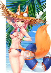  animal_ears ass bad_id bad_pixiv_id bare_shoulders bikini blue_bikini breasts cloud commentary day ears_through_headwear fate/grand_order fate_(series) female food fox_ears fox_tail hair_ribbon halterneck hat highres holding innertube jiushi_shijiu large_breasts long_hair looking_at_viewer looking_back ocean oerba_yun_fang open_mouth outdoors photoshop_(medium) pink_hair popsicle ribbon side-tie_bikini_bottom sideboob sky solo straw_hat string_bikini sun_hat swim_ring swimsuit tail tamamo_(fate) tamamo_no_mae_(swimsuit_lancer)_(fate) water yellow_eyes 