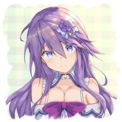  anemone_(flower_knight_girl) blue_eyes bow breasts choker cleavage closed_mouth commentary detached_collar female flower flower_knight_girl hair_flower hair_ornament hairbow long_hair looking_at_viewer multicolored_eyes ponta_(velmar) purple_bow purple_eyes purple_hair smile solo upper_body white_choker 