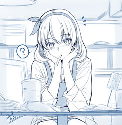  ? ^^^ blue_theme blush commentary_request dated drinking_straw eyebrows fast_food female food french_fries hair_between_eyes head_rest head_tilt highres indoors looking_at_viewer monochrome mouth_hold original shirt sitting solo spoken_question_mark table warabino_matsuri 