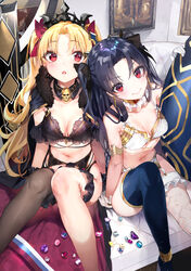  2girls 3: adapted_costume alternate_costume asymmetrical_legwear bare_shoulders black_bra black_cloak black_hair black_thighhighs blonde_hair blue_gemstone blue_thighhighs bra breasts cleavage cloak closed_mouth collarbone commentary_request drawing_(object) earrings ereshkigal_(fate) fate/grand_order fate_(series) fishnet_thighhighs fishnets frills fur-trimmed_cloak fur_trim garter_belt gem gloves gold gold_trim hair_ornament highres ishtar_(fate) jewelry lingerie lips looking_at_viewer meslamtaea_(weapon) mismatched_legwear multicolored_gemstone multiple_girls navel nekometaru opal_(gemstone) open_mouth panties parted_bangs pink_gemstone purple_gemstone red_cloak red_eyes red_gemstone shiny_skin siblings single_thighhigh sisters sitting skull_ornament small_breasts stomach thighhighs tiara two-sided_cloak two-sided_fabric two_side_up underwear white_bra white_gloves white_panties white_thighhighs yellow_gemstone 