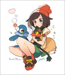  animal_ears arm_up artist_name auko beanie bird black_hair blue_eyes blush bubble cat_ears cat_tail english feet feline female from_behind full_body green_shorts hand_up hat heart heart-shaped_pupils litten looking_back looking_to_the_side mizuki_(pokemon_sm) paws pokemon pokemon_(creature) pokemon_sm popplio red_eyes red_hat red_shoes rowlet shirt shoes short_hair short_sleeves shorts signature simple_background sitting smile symbol-shaped_pupils tail text white_background yellow_sclera yellow_shirt zzz 