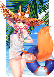  animal_ears ass bad_id bad_pixiv_id bare_shoulders bikini blue_bikini bracelet breasts cleavage commentary day ears_through_headwear fate/grand_order fate_(series) female food fox_ears fox_tail hair_ribbon halterneck hat highres holding innertube jewelry jiushi_shijiu large_breasts long_hair looking_at_viewer looking_back ocean oerba_yun_fang open_mouth outdoors photoshop_(medium) pink_hair popsicle ribbon see-through shirt side-tie_bikini_bottom sky solo straw_hat string_bikini sun_hat swim_ring swimsuit tail tamamo_(fate) tamamo_no_mae_(swimsuit_lancer)_(fate) tamamo_no_mae_(swimsuit_lancer)_(second_ascension)_(fate) water yellow_eyes 