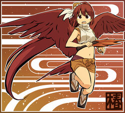  abstract_background armpits bare_shoulders bird_tail bird_wings black_eyes black_footwear blush bow bow_shorts bracelet camellia_(yudepii) character_name coat collared_coat commentary eyes_visible_through_hair feathered_wings female frilled_headwear full_body geta gradient_background hair_between_eyes hat hauchiwa holding jewelry layered_shorts long_hair looking_at_viewer navel no_nose no_pupils open_mouth original ponytail red_background red_hair red_wings shorts sleeveless sleeveless_coat smile socks solo striped striped_background tail teeth tengu tengu-geta tokin_hat translated upper_teeth_only very_long_hair white_coat white_socks wings yellow_background yellow_bow yellow_footwear yellow_shorts yudepii 