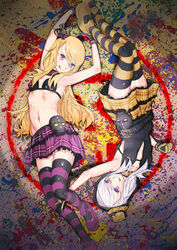  2girls :q bikini bikini_top_only blonde_hair commentary_request crown czk021 exela_(summon_night) gloves hat highres hood hoodie long_hair looking_at_viewer lying mini_crown mini_hat multiple_girls navel on_back photoshop_(medium) plaid plaid_skirt purple_eyes rotational_symmetry siblings silver_hair skirt skull striped_clothes striped_thighhighs summon_night summon_night_5 swimsuit thighhighs tongue tongue_out twins veloce_(summon_night) zettai_ryouiki 