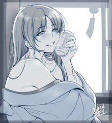  artist_name bare_shoulders blush commentary_request dated eyebrows female from_side grin head_tilt highres holding long_hair mole mole_under_eye monochrome off_shoulder original silhouette sitting smile solo warabino_matsuri wind_chime 