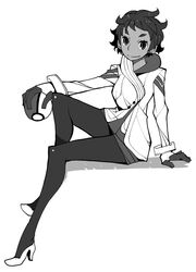  candela_(pokemon) dowman_sayman female greyscale high_heels looking_at_viewer monochrome pantyhose poke_ball pokemon pokemon_go sitting smile solo 