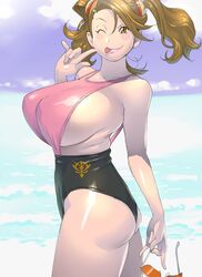  :p ass bare_shoulders breasts brown_eyes brown_hair commentary_request female finger_to_face gundam gundam_build_fighters gundam_build_fighters_try highleg highres holding holding_removed_eyewear huge_breasts kotoyoshi_yumisuke long_hair looking_at_viewer one-piece_swimsuit one_eye_closed sazaki_kaoruko sideboob solo standing sunglasses swimsuit thighs tongue tongue_out twintails unworn_eyewear zeon 