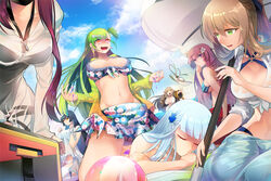  6+girls @_@ bare_shoulders bikini bikini_under_clothes black_one-piece_swimsuit breasts brown_hair cleavage commentary_request drooling g28_(girls&#039;_frontline) g28_(tropical_storm)_(girls&#039;_frontline) girls&#039;_frontline green_hair hat hk416_(girls&#039;_frontline) jacket large_breasts long_hair lotion m37_(girls&#039;_frontline) m37_(summer_parader)_(girls&#039;_frontline) menpo multiple_girls ntw-20_(girls&#039;_frontline) ntw-20_(op._blazing_sun)_(girls&#039;_frontline) official_alternate_costume one-piece_swimsuit outdoors photoshop_(medium) pink_hair purple_hair sarong see-through see-through_jacket short_hair springfield_(girls&#039;_frontline) springfield_(stirring_mermaid)_(girls&#039;_frontline) sun_hat sunscreen swimsuit swimsuit_under_clothes type_95_(girls&#039;_frontline) type_95_(summer_cicada)_(girls&#039;_frontline) wa2000_(girls&#039;_frontline) wa2000_(op._manta_ray)_(girls&#039;_frontline) 