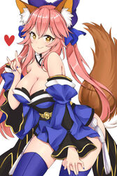  animal_ear_fluff animal_ears bad_id bad_pixiv_id bare_shoulders blue_kimono blue_ribbon blue_thighhighs blush breasts cleavage collarbone commentary fate/grand_order fate_(series) female fox_ears fox_girl fox_shadow_puppet fox_tail hair_ribbon heart heart-shaped_pupils japanese_clothes kimono large_breasts looking_at_viewer mo_(k40633) nail_polish pink_hair ribbon simple_background solo symbol-only_commentary symbol-shaped_pupils tail tamamo_(fate) tamamo_no_mae_(fate/extra) thighhighs white_background yellow_eyes 