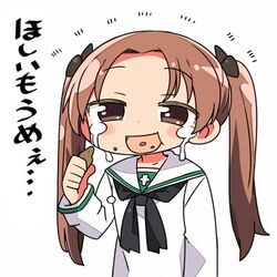  aho_girl bad_id bad_twitter_id black_ribbon brown_eyes brown_hair crying crying_with_eyes_open eating female girls_und_panzer hair_ribbon inactive_account kadotani_anzu kanikama long_hair long_sleeves lowres ooarai_school_uniform open_mouth ribbon school_uniform serafuku simple_background solo tears translated twintails white_background 