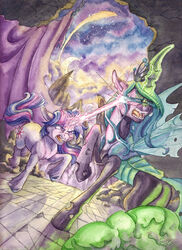  2015 arthropod cave changeling cutie_mark detailed_background duo equid equine female feral friendship_is_magic fur hair hasbro hi_res hooves horn magic mammal my_little_pony mythological_creature mythological_equine mythology night open_mouth purple_body purple_eyes purple_fur purple_hair queen_chrysalis_(mlp) standing teeth the-wizard-of-art tongue twilight_sparkle_(mlp) unicorn 