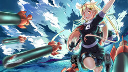  :d arm_up bow carillus cloud cloudy_sky commentary_request day female hair_flaps hair_ornament hair_ribbon hairbow hairclip highres horizon kantai_collection light_brown_hair long_hair looking_at_viewer machinery ocean open_mouth orange_eyes photoshop_(medium) pleated_skirt ribbon scarf school_uniform serafuku skirt sky smile solo torpedo turret v-shaped_eyebrows yuudachi_(kancolle) yuudachi_kai_ni_(kancolle) 