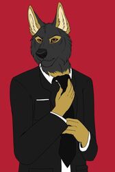  anthro black_body black_fur black_nose brown_body brown_eyes brown_fur business_suit canid canine canis clothed clothing domestic_dog fur german_shepherd herding_dog looking_at_viewer male mammal necktie pastoral_dog red_background simple_background solo star-gazer streetdog suit 