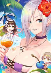  3girls alternate_costume bare_shoulders between_breasts bikini black_hair blue_sky blush bracelet breasts chibi chinese_commentary cleavage closed_mouth cloud collar collarbone commentary_request crazy_straw cross cross_necklace cup day drinking_straw eyepatch_bikini eyes_visible_through_hair flower girls&#039;_frontline green_eyes grey_hair hair_flower hair_ornament hair_over_one_eye hairband hayate_(leaf98k) heart_straw highres holding holding_cup jewelry large_breasts light_particles long_hair looking_at_viewer mg5_(girls&#039;_frontline) multiple_girls necklace official_alternate_costume outdoors palm_leaf parted_lips photoshop_(medium) purple_bikini short_hair sky smile swimsuit tropical_drink type_95_(girls&#039;_frontline) type_95_(summer_cicada)_(girls&#039;_frontline) vector_(girls&#039;_frontline) very_long_hair water_drop white_hairband yellow_eyes 