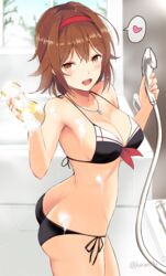  ass bathroom bikini black_bikini blush breasts brown_eyes brown_hair butt_crack collarbone commentary_request cowboy_shot female headband heart holding jewelry kantai_collection looking_at_viewer looking_back medium_breasts necklace open_mouth red_headband revision ring ring_necklace sailor_bikini sailor_collar shiratsuyu_(kancolle) shiratsuyu_(swimsuit)_(kancolle) short_hair shower_head showering side-tie_bikini_bottom solo spoken_heart sponge standing steam swimsuit takaharu twitter_username wedding_ring wet 