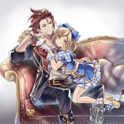  1boy alternate_costume artist_name blonde_hair blue_bow blush boots bow breasts brown_eyes commentary_request couch djeeta_(granblue_fantasy) female gloves granblue_fantasy hair_ribbon hairband hairbow hano_haruka head_rest head_tilt kimi_to_boku_no_mirai knee_boots looking_at_viewer medium_breasts official_alternate_costume percival_(granblue_fantasy) percival_(the_dragon_knights)_(granblue_fantasy) plaid plaid_bow plaid_ribbon puffy_short_sleeves puffy_sleeves red_eyes red_hair ribbon shoes short_hair short_sleeves signature sitting skirt smile straight the_dragon_knights watch yellow_footwear 