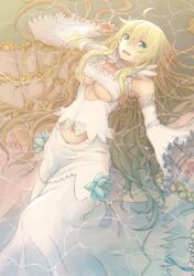  ahoge bad_id bad_pixiv_id bare_shoulders blonde_hair breasts commentary_request detached_sleeves dies_irae dies_irae_pantheon dress female flower green_eyes hair_flower hair_ornament highres large_breasts long_hair looking_at_viewer marie_(dies_irae) mioshiki navel parted_lips partially_submerged shinza_bansho_series smile underboob wide_sleeves 