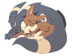  2018 ambiguous_gender black_body black_fur black_nose brown_body brown_fur closed_eyes duo eevee eeveelution eyewear feral fur generation_1_pokemon generation_2_pokemon glasses jewelry kiko_the_eevee necklace nick_the_umbreon nintendo pata pokemon pokemon_(species) scar simple_background sleeping smile tail umbreon white_background 