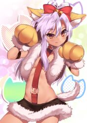  :q animal_ears animal_hands bell black_skirt bow breasts chloe_von_einzbern chloe_von_einzbern_(beast_style) cleavage collar commentary_request cowboy_shot dark-skinned_female dark_skin fate/kaleid_liner_prisma_illya fate_(series) female fox_ears fox_tail gloves hair_bell hair_between_eyes hair_ornament hairbow highres isinose_(ilxodidli) long_hair looking_at_viewer microskirt midriff navel orange_eyes paw_gloves pink_hair red_bow skirt small_breasts solo standing stomach tail tongue tongue_out underboob yellow_gloves 