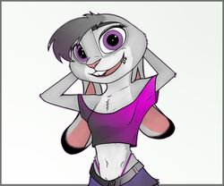  anthro belt big_eyes black_body black_fur border breasts buckteeth caltro clothed clothing dipstick_ears disney ear_markings facial_piercing female fur grey_body grey_fur grey_hair hair hands_behind_head judy_hopps lagomorph leporid lip_piercing long_ears looking_at_viewer mammal midriff multicolored_ears open_mouth open_smile outside_border panties piercing purple_eyes rabbit shirt short_hair simple_background small_breasts smile solo teeth toony topwear underwear visible_underwear white_background zootopia 