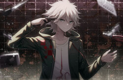  1boy angel31424 collarbone commentary_request danganronpa_(series) danganronpa_2:_goodbye_despair debris green_eyes gun handgun hood hooded_jacket jacket komaeda_nagito looking_at_viewer male_focus pointing pointing_at_self revolver short_hair smile solo splatter weapon white_hair 