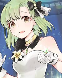  :d bad_id bad_pixiv_id bare_shoulders black_bow bow brown_eyes female flower gloves green_hair hairbow highres idolmaster idolmaster_(classic) idolmaster_million_live! idolmaster_million_live!_theater_days idolmaster_stella_stage jewelry kurumikko looking_at_viewer medium_hair open_mouth parted_bangs shiika_(idolmaster) smile solo star_(symbol) upper_body white_gloves 