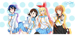  ;) black_legwear black_skirt blonde_hair blue_hair blue_skirt blush bow breasts brown_eyes brown_hair flower hair_flower hair_ornament hairbow hand_on_hip kirisaki_chitoge long_hair long_skirt medium_breasts multiple_girls nisekoi one_eye_closed onodera_kosaki pleated_skirt red_bow ricci_escutin school_uniform serafuku sidelocks skirt smile tachibana_marika thighhighs tsugumi_seishirou upper_body v v_arms 