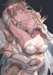  1boy armor armpits bad_id bad_pixiv_id bare_shoulders black_background blonde_hair blush breasts brown_hair closed_eyes collarbone commentary_request detached_collar detached_sleeves djeeta_(granblue_fantasy) dress earrings faulds female french_kiss gem glorybringer_(granblue_fantasy) gran_(granblue_fantasy) granblue_fantasy hair_ornament hand_on_another&#039;s_chin hand_on_another&#039;s_head hand_on_another&#039;s_stomach head_back highres hug hug_from_behind jewelry kissing large_breasts leaf_hair_ornament long_sleeves milli_little profile purple_gemstone ring short_hair shoulder_armor simple_background sparkle straight strapless strapless_dress stud_earrings upper_body vambraces white_dress 