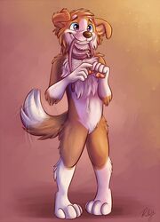  2016 anthro blue_eyes canid canine canis chest_tuft collar domestic_dog featureless_crotch fur grin hi_res leash leash_in_mouth male mammal nude object_in_mouth orange_pawpads pawpads simple_background smile solo standing tail tail_motion tailwag tan_body tan_fur tuft waywardmutt white_body white_fur 