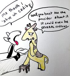  anthro bovid caprine clothing dialogue duo english_text examination female giraffe giraffid goat hat headgear headwear horn lilly_goat mammal mcponyponypony nurse nurse_giraffe_(toybox_pals) open_mouth ossicone patient plushie speech_bubble text tongue tongue_out toybox_pals 