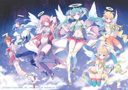  2boys 4girls angel angel_wings aqua_eyes aqua_hair artist_name black_footwear black_thighhighs blonde_hair blue_eyes blue_hair blue_scarf blue_thighhighs boots brother_and_sister brown_eyes brown_hair bugle coat comet_(teamon) commentary crop_top detached_sleeves feathered_wings hair_ornament hair_ribbon hairclip halo harp hatsune_miku headphones headset instrument kagamine_len kagamine_rin kaito_(vocaloid) long_hair megurine_luka meiko_(vocaloid) midriff multiple_boys multiple_girls navel necktie pants pink_hair ribbon sailor_collar scarf short_hair shorts siblings skirt smile spring_onion strapless thigh_boots thighhighs traditional_halo tube_top twins twintails very_long_hair vocaloid watermark white_footwear white_thighhighs wide_sleeves wings 