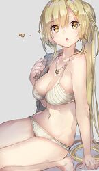  :o barefoot bikini blonde_hair breasts cleavage collarbone commentary_request female grey_background hair_ornament hairclip jewelry large_breasts long_hair looking_at_viewer magia_record:_mahou_shoujo_madoka_magica_gaiden mahou_shoujo_madoka_magica navel necklace open_mouth ponytail simple_background sitting solo swimsuit very_long_hair white_bikini yellow_eyes yusa_hazuki yuugen 